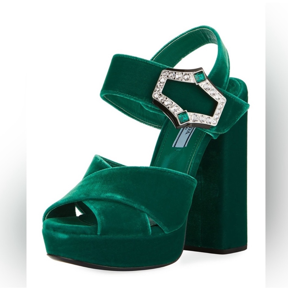 Prada Jeweled Velvet Block-Heel Sandal in Emerald Green